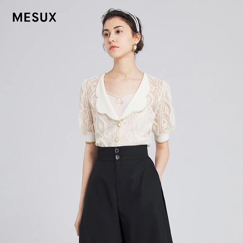 【高高甄选】MESUX米岫夏米色蕾丝V领泡泡袖带吊带毛织翻领上衣MJMU