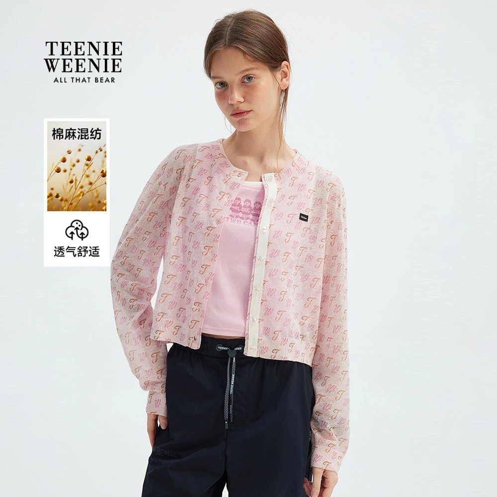 TeenieWeenie小熊女针织衫25棉麻混纺满印开衫薄外套TTCK253706T