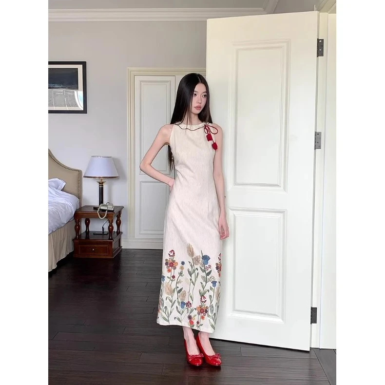 新中式气质高级感印花修身显瘦连衣裙女2025夏季新款中国风长裙子