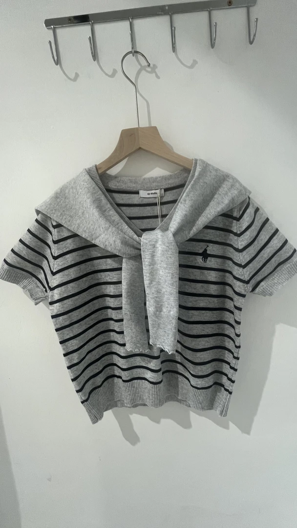 条纹短袖女极简风原宿风休闲风海军领宽松型披肩时尚休闲