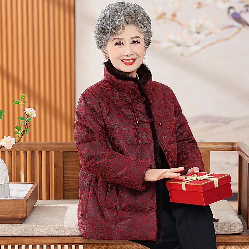 中老年水貂羽绒服90白鸭绒口袋立领保暖国风妈妈装加厚气质短款