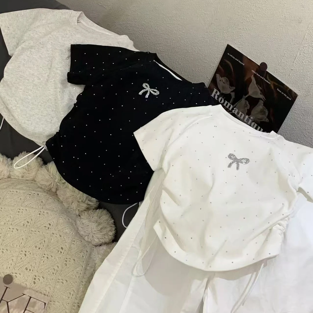 2025新款夏款女宝时尚灰底印花立体蝴蝶结短袖T恤潮流时尚爆款T恤