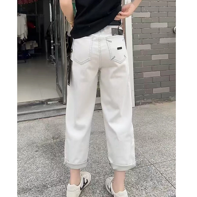高腰直筒牛仔裤女2025秋季新款码女装宽松显瘦九分哈伦老爹裤子