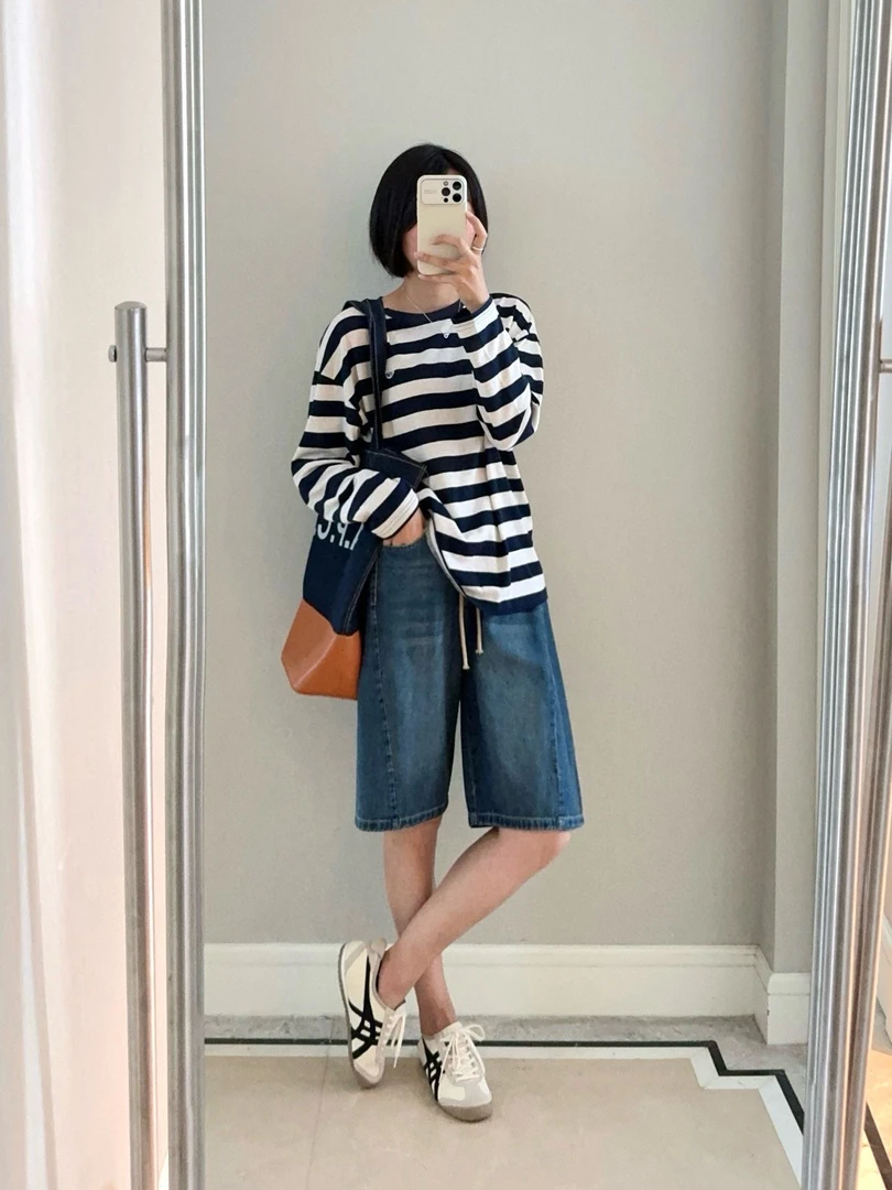 2515 【云朵棉】男友风五分牛仔裤·松紧腰结构阔腿裤夏宽松直筒中裤