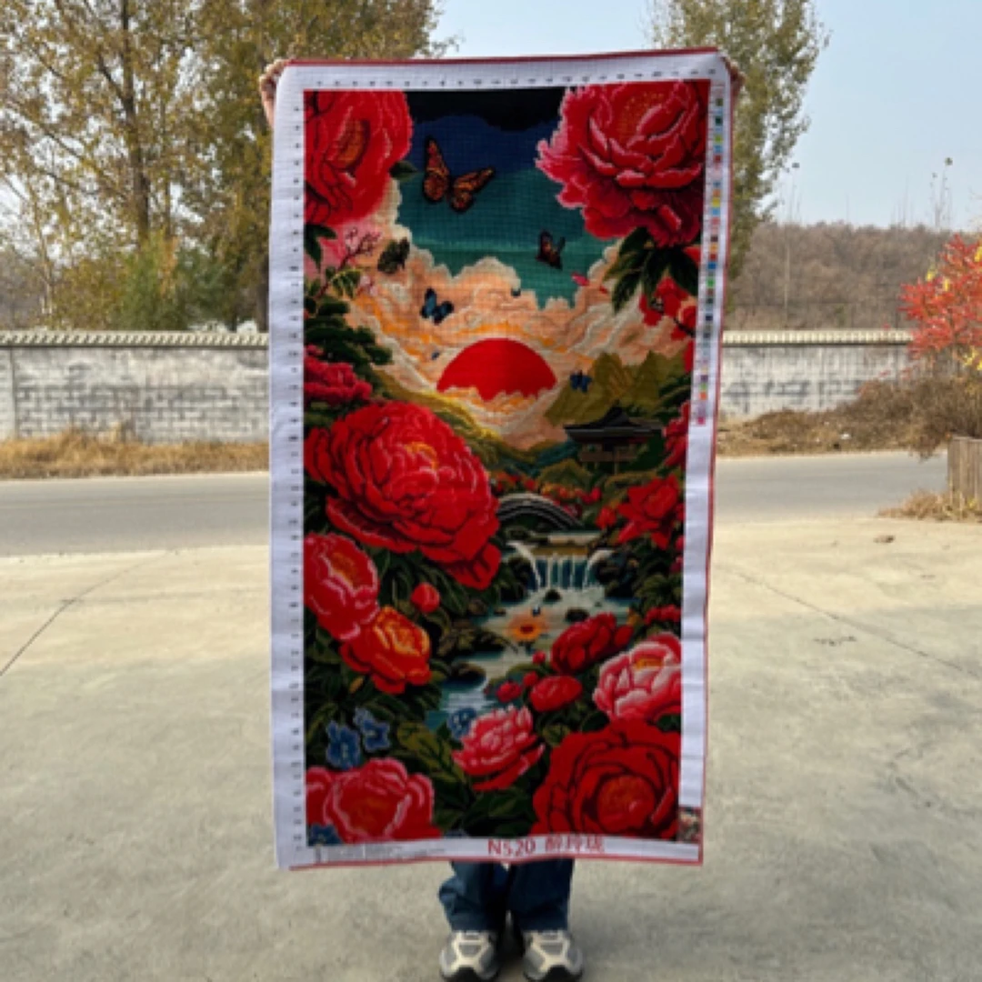 纯手工十字绣成品玄关醉玲珑锦绣山河竖版装饰挂画135×75厘米