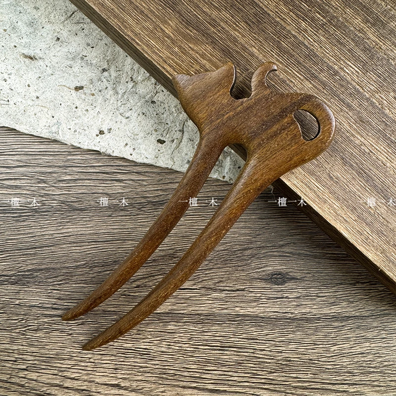 立体猫咪丨金丝檀木发簪新中式汉服头饰古风女发饰日常盘发簪子