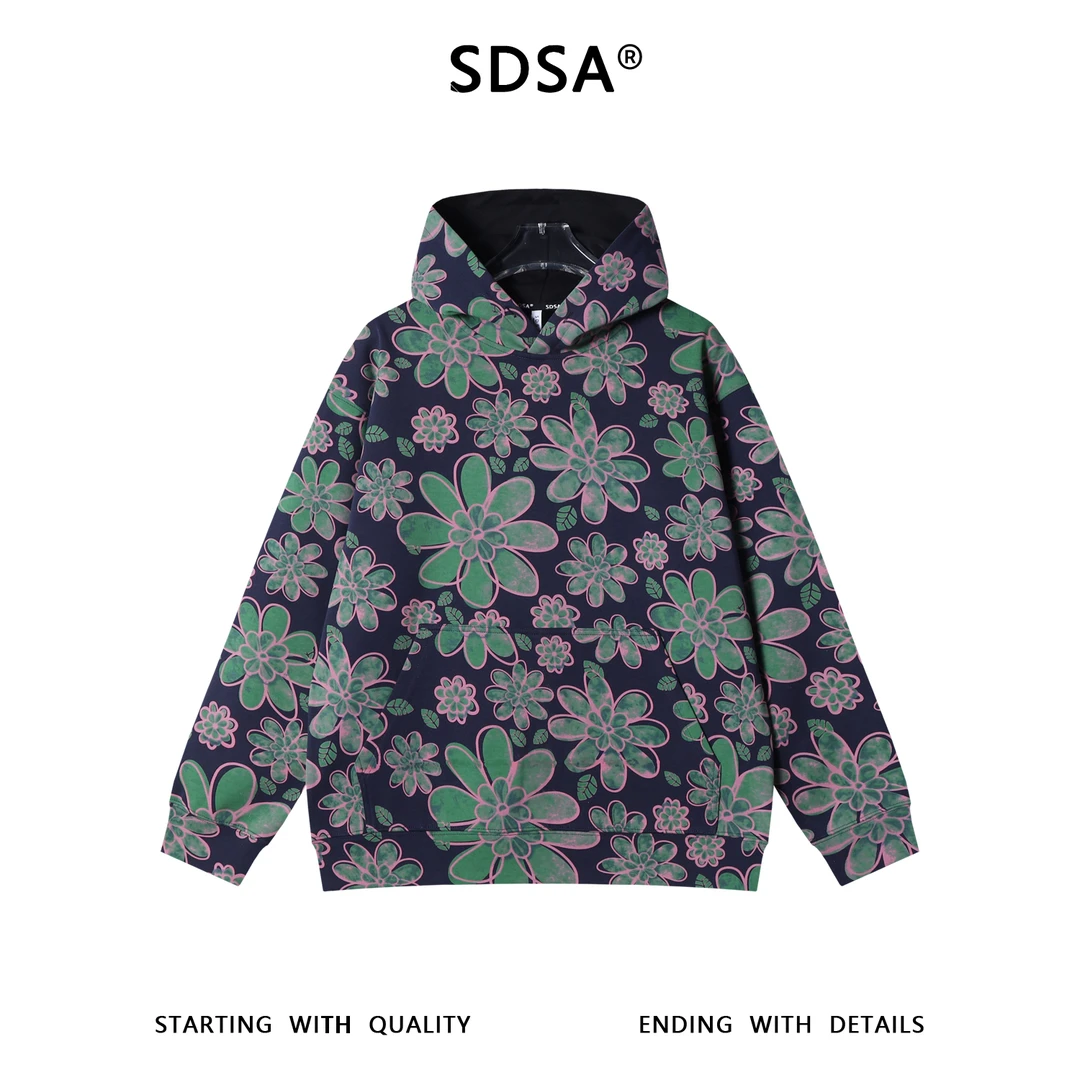 SDSA男士秋冬新款痞帅男装简约撞色花朵连帽卫衣宽松百搭套头上衣