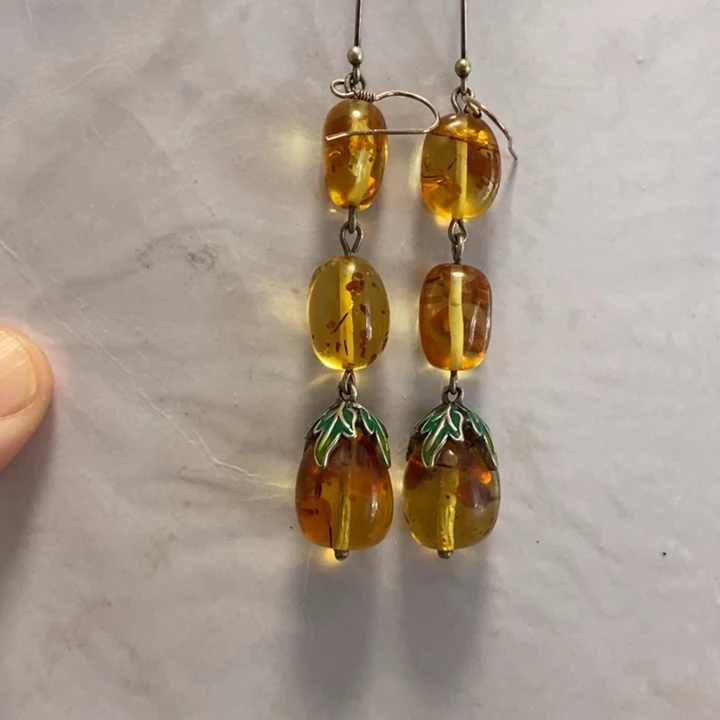 琥珀（花珀）耳饰银S925镶嵌奔****1琥珀