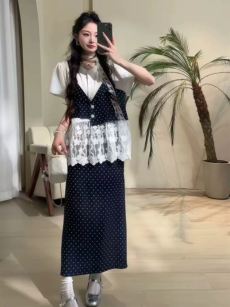 【现货】【茄子专属】大码叠穿蕾丝短袖波点半裙套装女夏遮肉显瘦套装