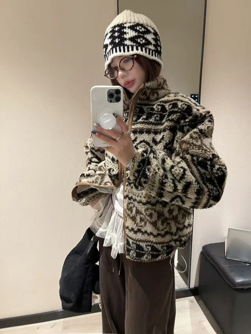 小雅姐姐【温暖壁炉】美式复古设计感花纹时尚拼接宽松短外套IJ43