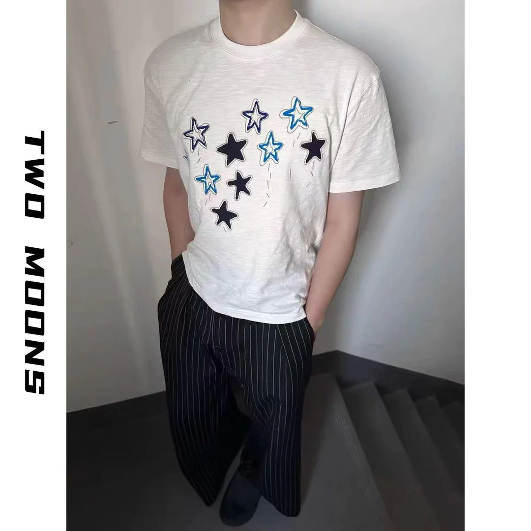 两个月亮美式轻薄竹节棉星星印花贴布绣短袖T恤男女夏季上衣半袖