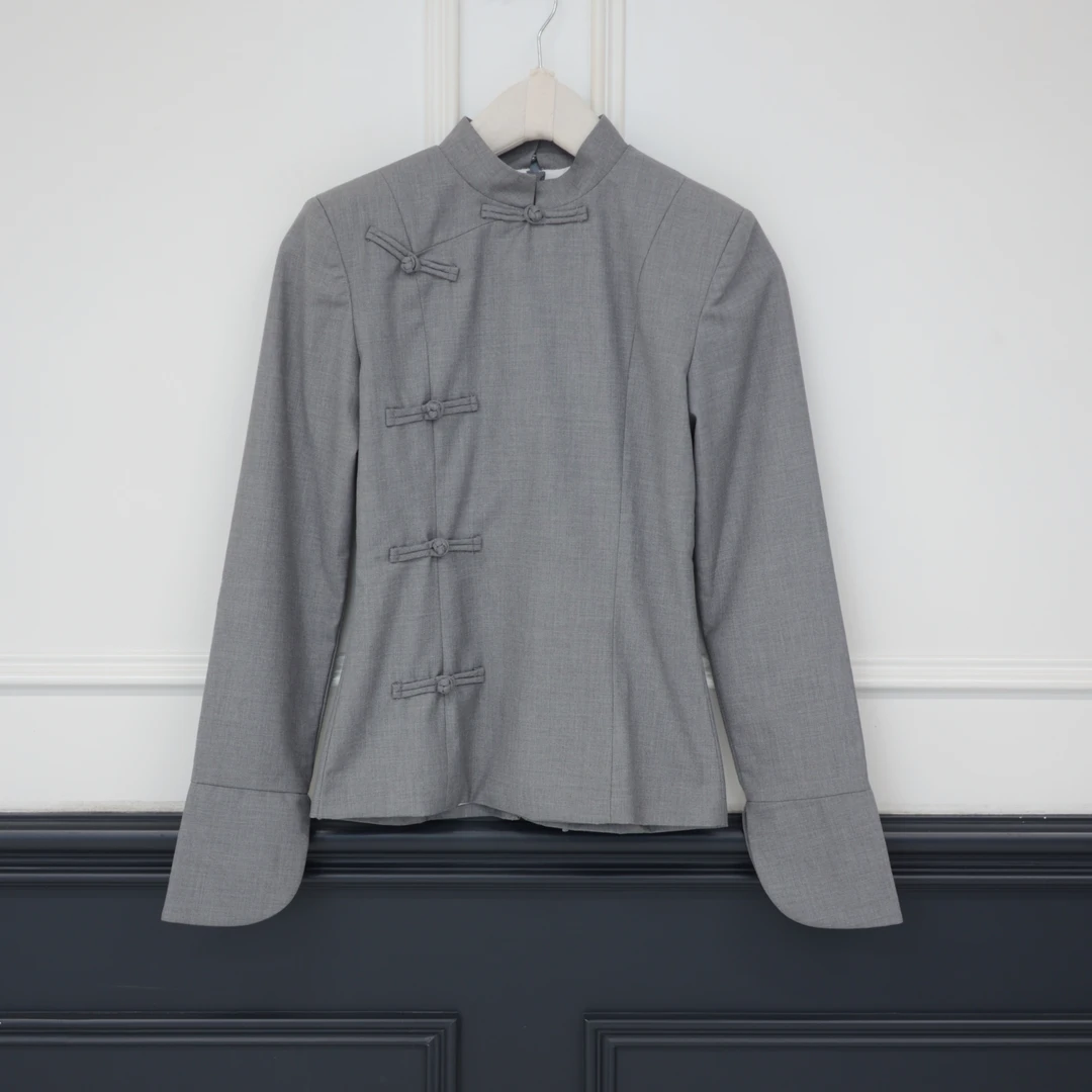 【壁虎姐】F240716灰色中国风夏季立领斜襟长袖灰色盘扣上衣外套