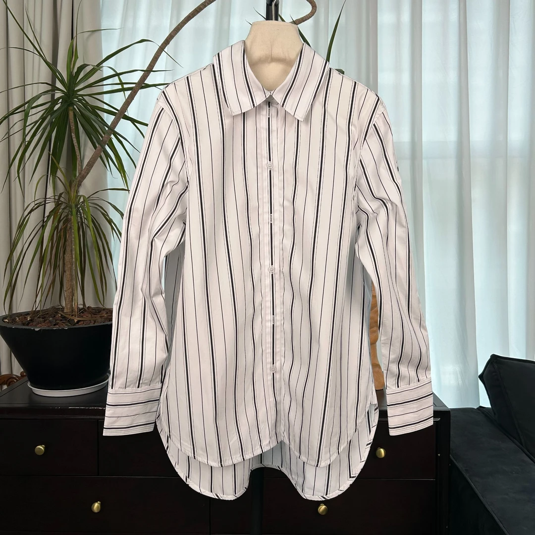 【十九服饰】春夏新款法式黑白条纹挺阔落肩款衬衫女款