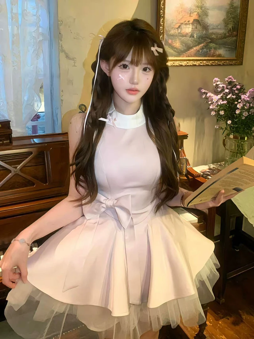 法式千金公主风无袖背心连衣裙女夏季蝴蝶结修身收腰a字网纱短裙