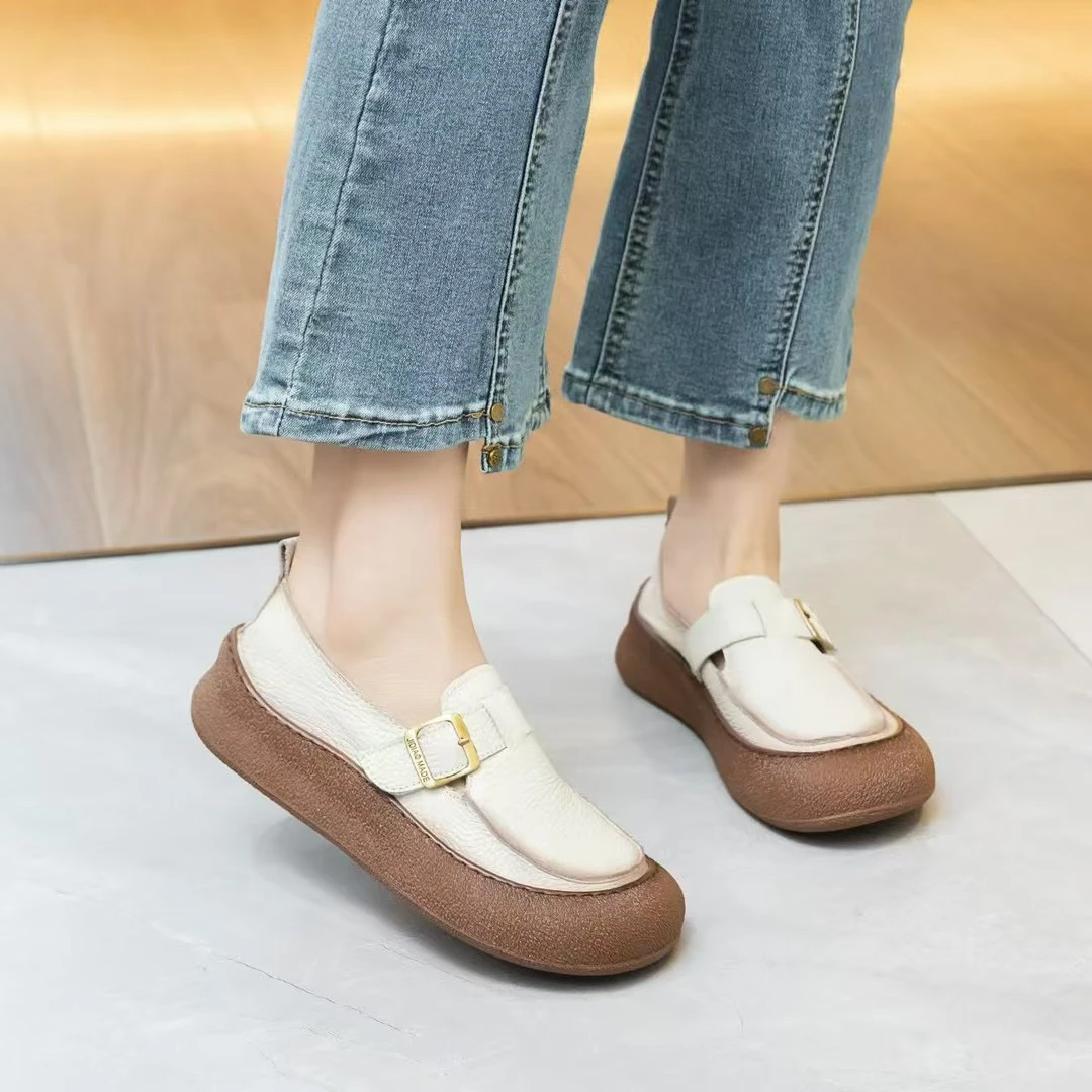 2025春夏新款博肯鞋女厚底单鞋两穿内增高小皮鞋软底一脚蹬乐福鞋