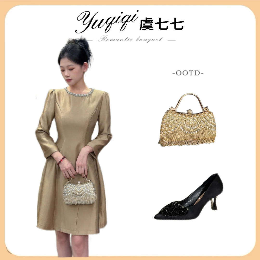 【琥珀琉珠】虞七七153#高级感轻奢重工镶钻a字连衣裙女气质收腰裙