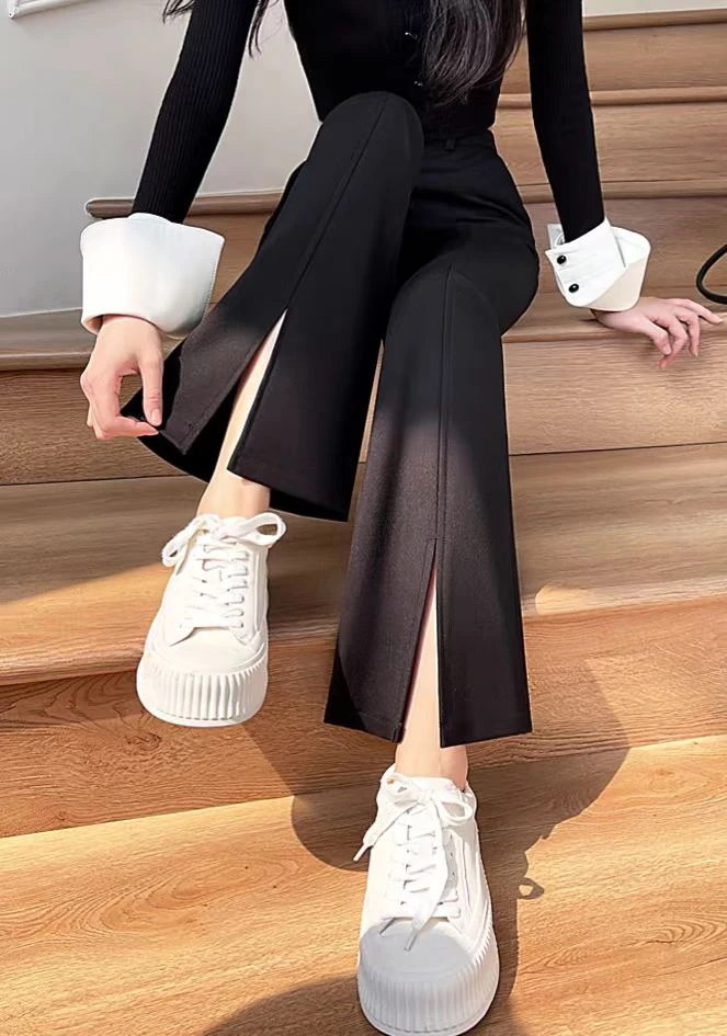 6782-AQ黑色高腰弹力开叉喇叭裤