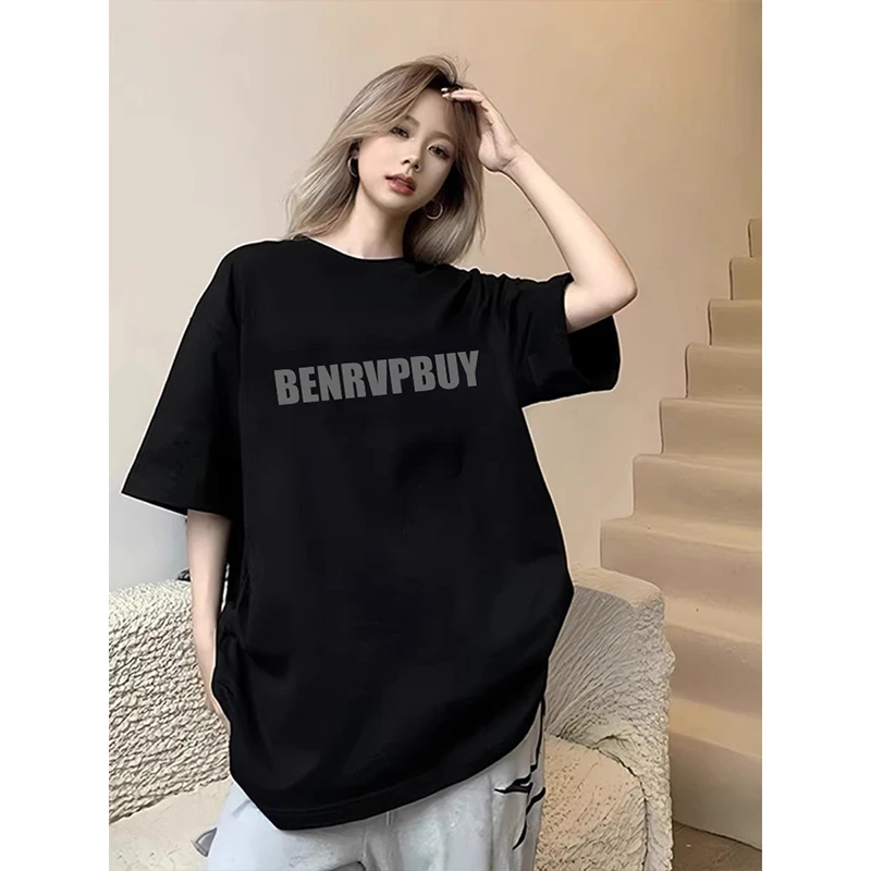 100%纯棉美式潮酷黑色短袖t恤衫男女通穿oversize复古休闲风上衣