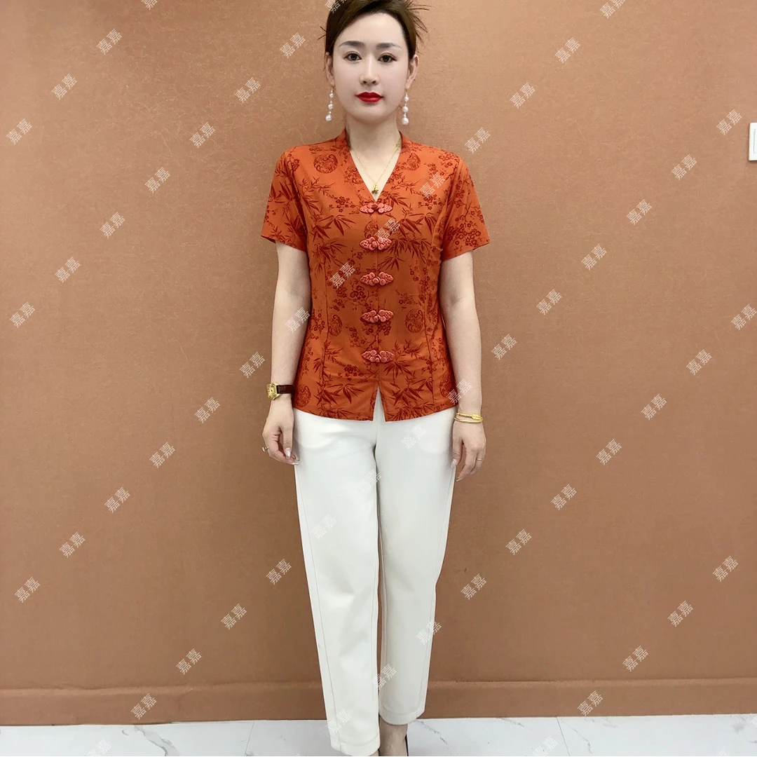 古风盘扣V领短袖T恤夏季凉快上衣显瘦遮肚开叉打底衫妈妈装小衫