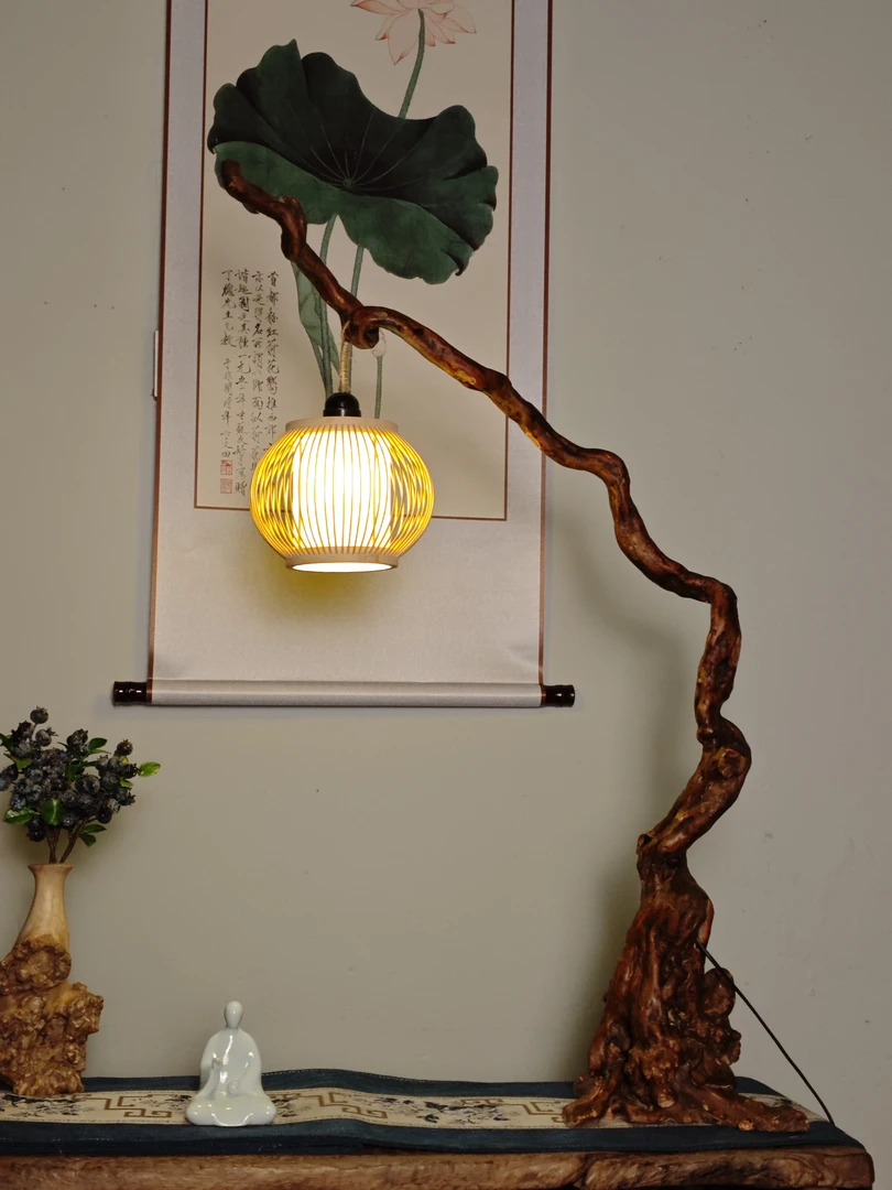 自然根艺灯窗台灯茶桌灯茶几灯自然随型杜鹃根艺灯茶室侘寂根艺灯