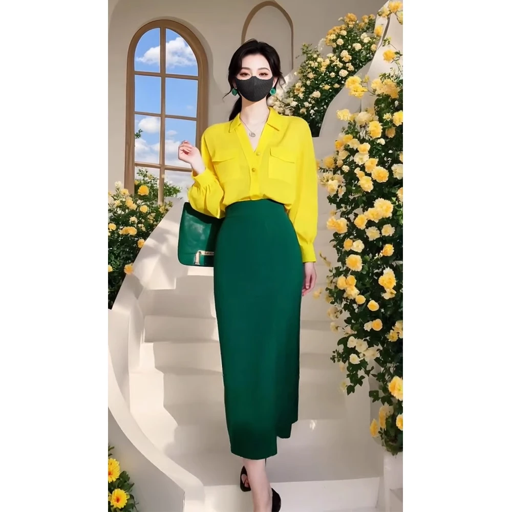 小个子减龄一整套穿搭黄色衬衫连衣裙两件套装女装2025年超火春装