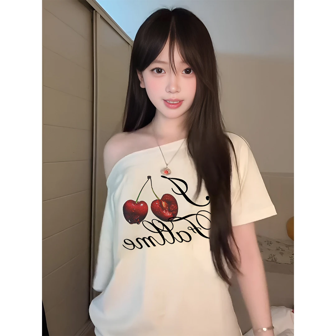 新款夏季新款显瘦斜肩短袖t恤女休闲百搭时尚辣妹纯欲风性感上衣