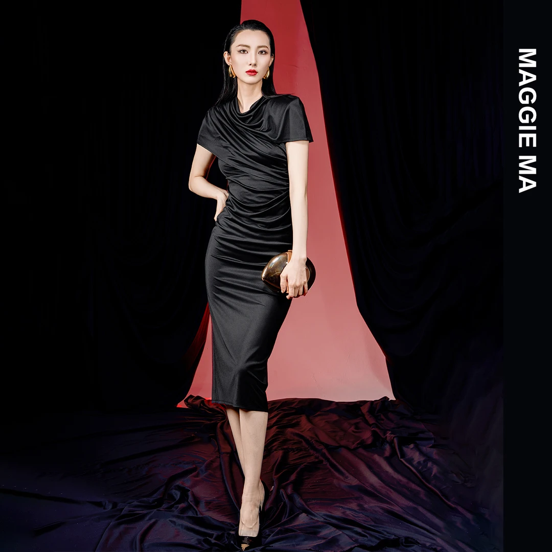 MAGGIE MA马婧设计师款优雅气质女神褶皱层次修身显瘦连衣裙265D