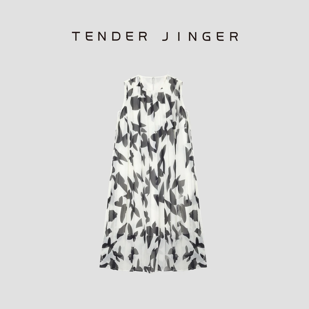 Tender Jinger蝴蝶印花压褶无袖连衣裙T52LLY30456