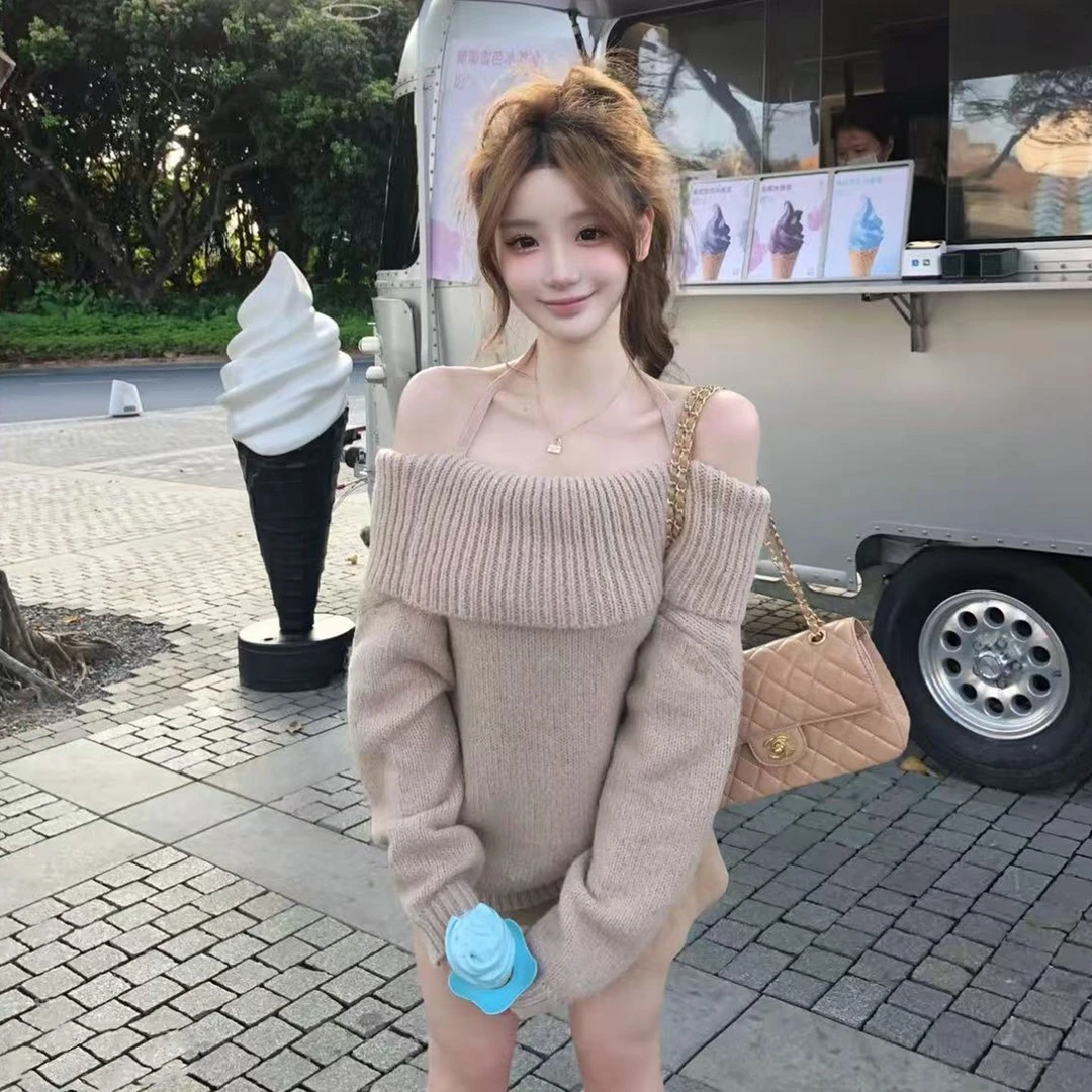 【月下芙蓉】纯欲挂脖一字肩氛围感针织衫套头长袖毛衣宽松上衣