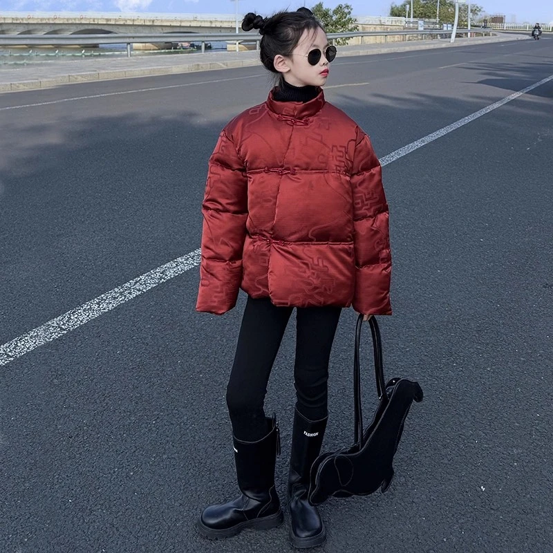 女童装新中式国风提花短款羽绒棉服2025冬季新款立领盘扣外套潮服