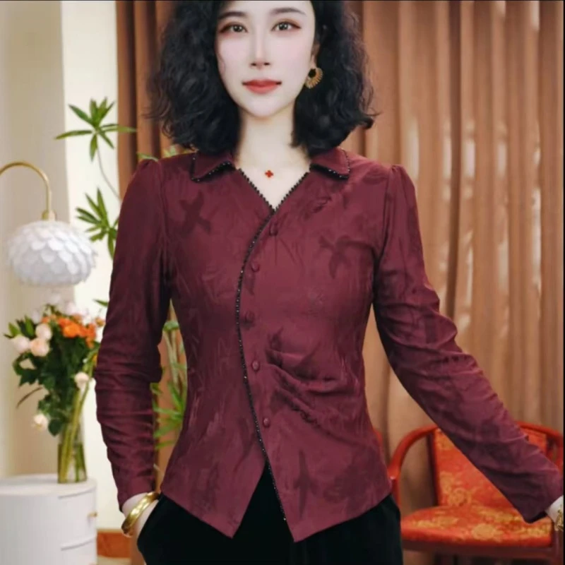 秋季新款休闲洋气长袖气质百搭不规则显瘦上衣翻领小衫