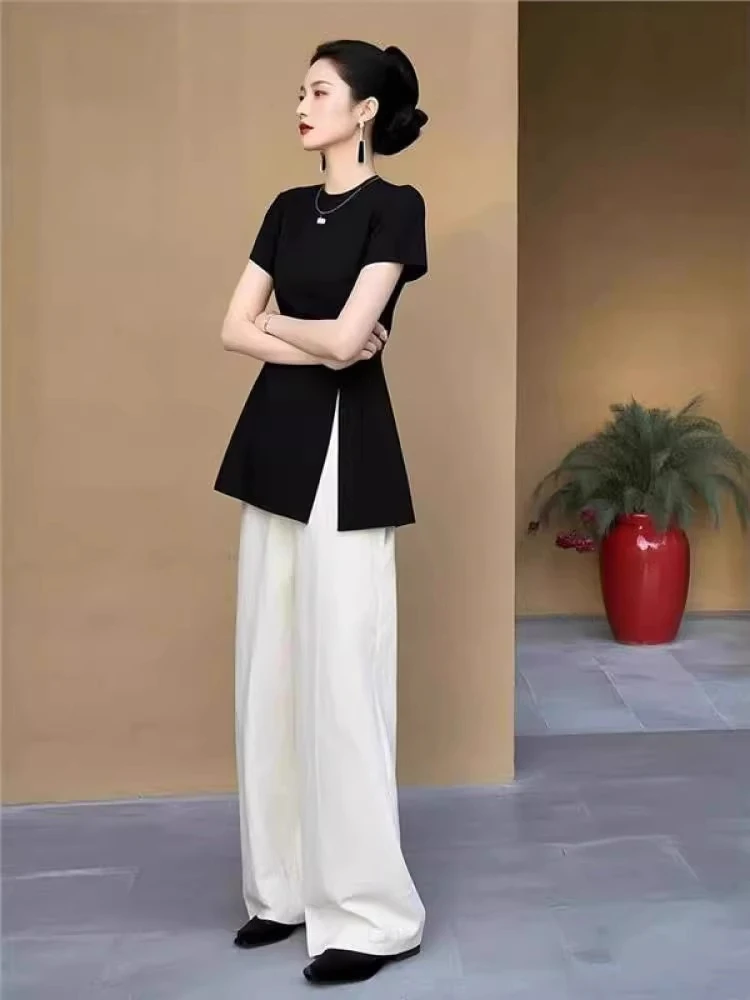 夏季搭配夏装小个子气质洋气高级感黑色减龄上衣显瘦阔腿裤套装