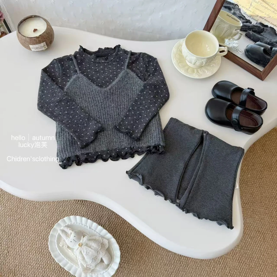 【lucky泡芙】时髦精！女童格雷系背心波点打底衫洋气女宝宝三件套
