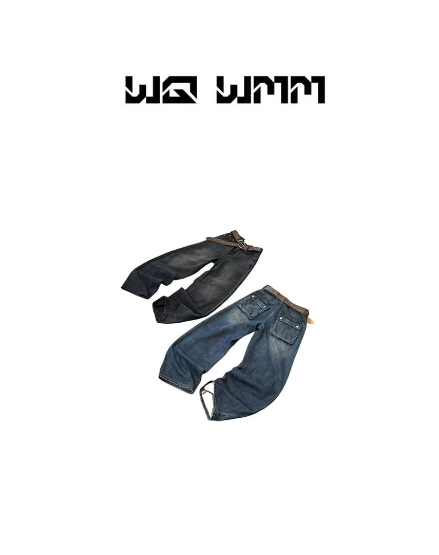 【WQWMM】小众设计秋冬做旧口袋工装显瘦擦色牛仔弯刀裤25A90266