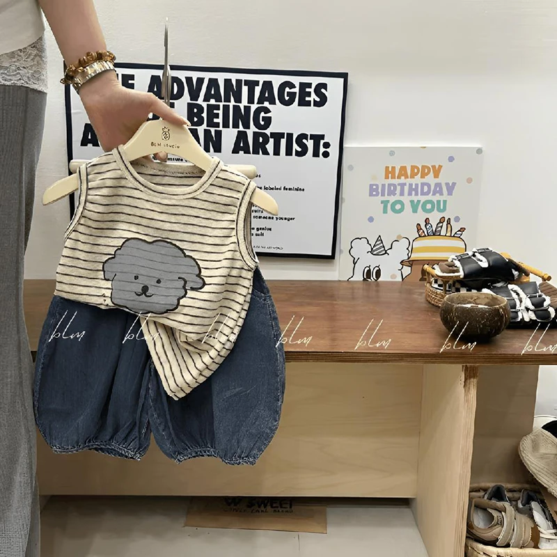 男童夏季2025无袖条纹卡通小狗背心潮酷牛仔短裤轻薄舒适两件套装