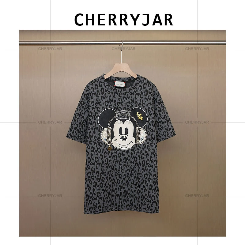 Cherryjar【251071】夏季重工宽松豹纹卡通米奇印花时尚镶钻短袖