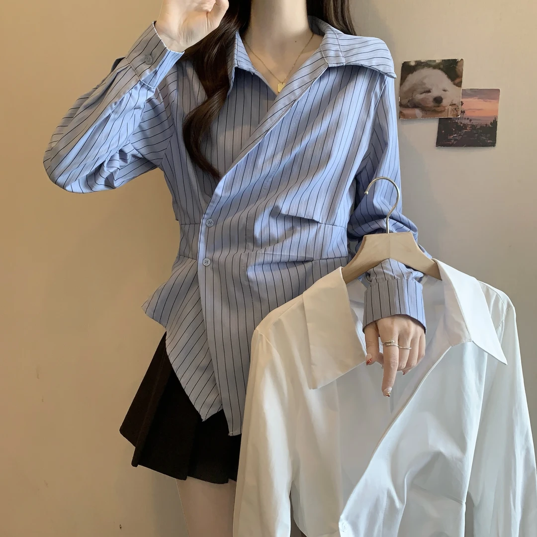 设计感不规则白色V领正肩衬衫女2025早春季大码胖mm收腰显瘦上衣