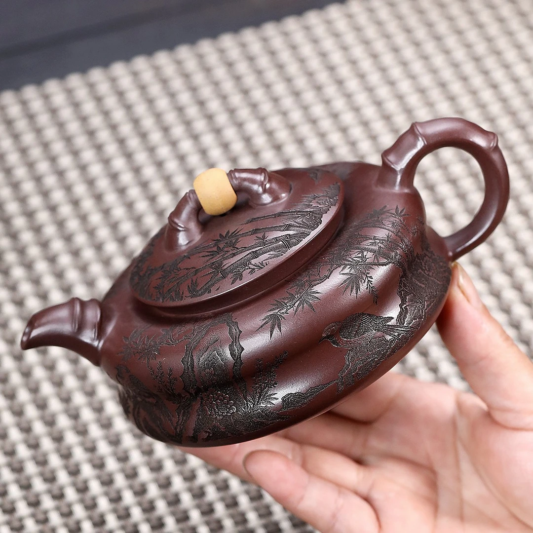 宜兴紫砂壶 原矿紫泥手工刻绘时来运转家用功夫泡茶壶功夫茶具