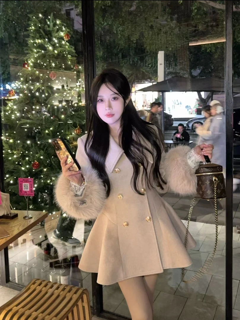 陈江铃小个子自制财阀千金风毛毛袖外套双排扣收腰夹棉毛呢外套
