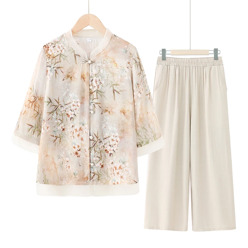 【大唐夫人】妈妈春夏装套装中老年中袖衬衫女奶奶雪纺老人夏季衣服