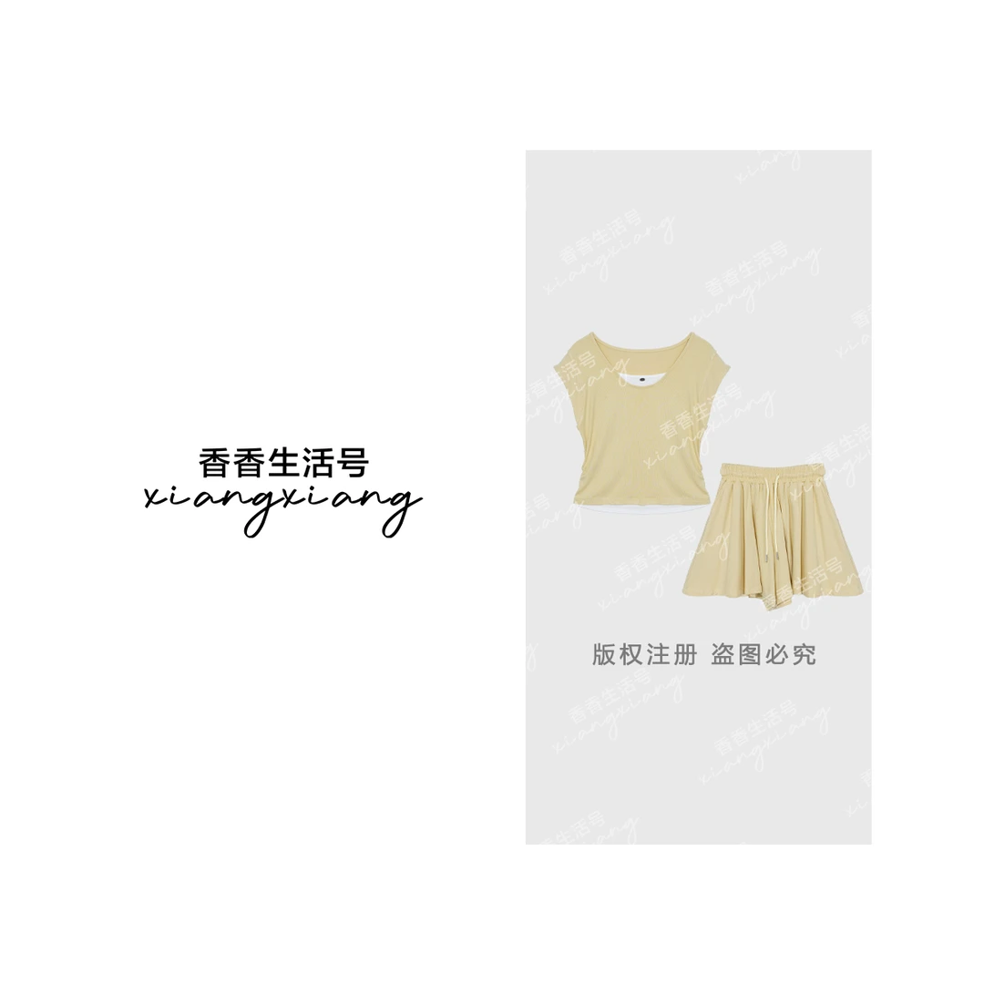 【香香严选】“可爱专辑”假两件无袖上衣+高腰裙裤套装4788