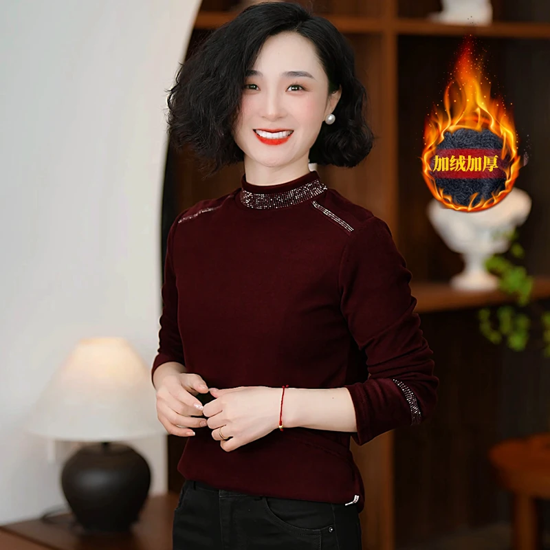 德绒纯色烫钻时尚设计感女士T恤2025秋冬新品螺纹遮肉显瘦打底衫