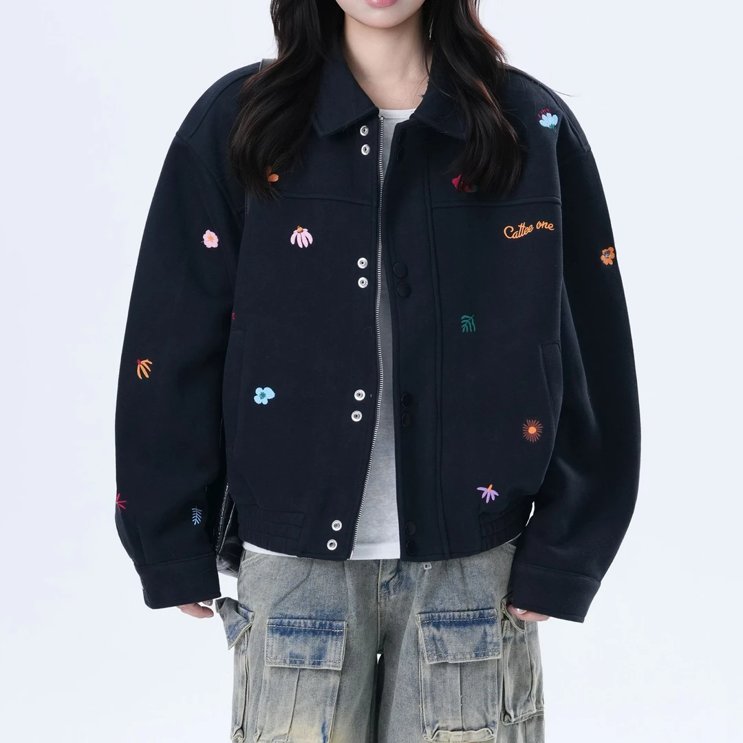 CYJ美式复古小刺绣黑色夹克女cleanfit设计感宽松外套潮