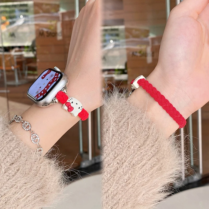 适用苹果手表S10表带新年红可爱小熊凯蒂猫iwatchs987se表带女生