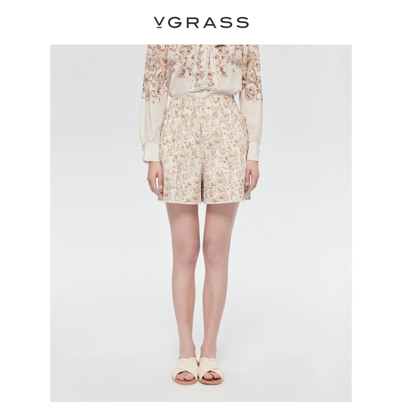 VGRASS卷草纹印花休闲短裤女夏季新款艺术感贝壳绣裤子VSK3P2030C