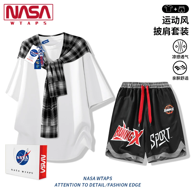 NASA WTAPS冰丝格子休闲运动套装男款夏季可拆卸短袖短裤三件套男