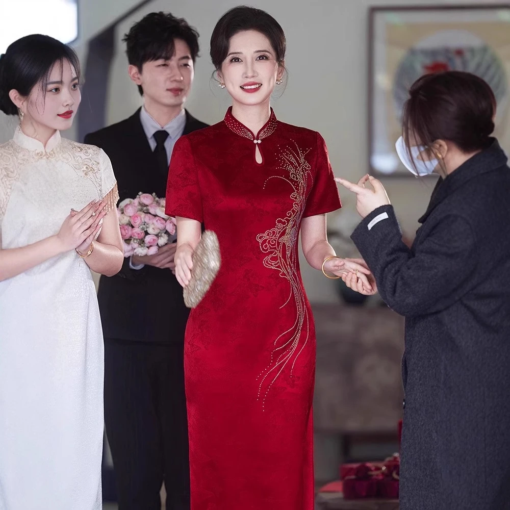 2025新夏高档醋酸改良旗袍妈妈婚宴礼服裙敬酒服喜婆婆复古显瘦B