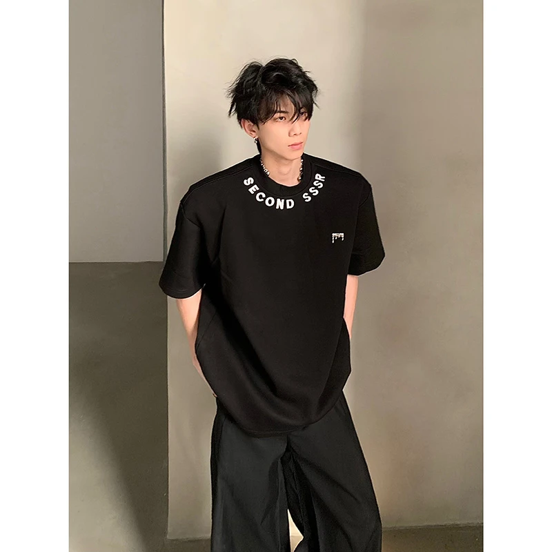 LINYILUCK/夏季高级感廓形重磅黑色垫肩短袖T恤男痞帅半袖上衣潮