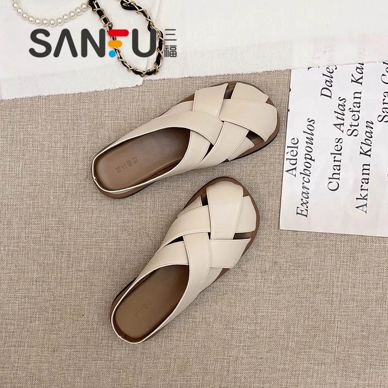 三福复古包头拖鞋女夏外穿2025新款百搭休闲编织罗马凉拖平底半拖