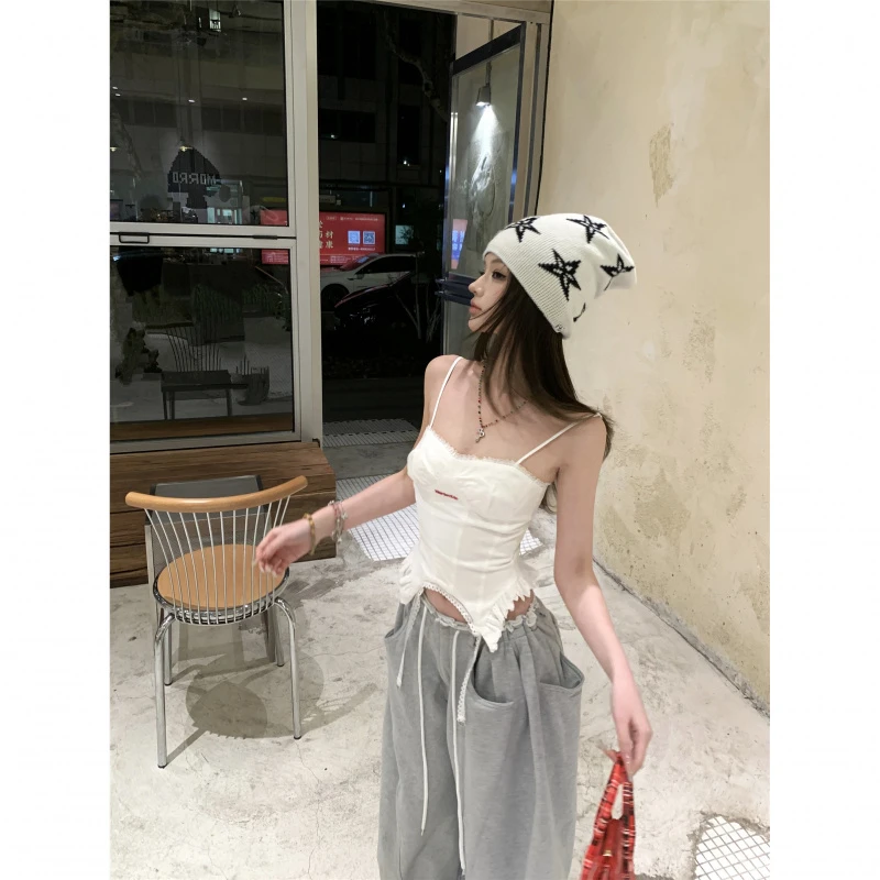 韩系辣妹时尚套装女夏季2025新款不规则吊带别致口袋阔腿裤两件套